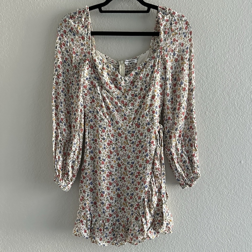 Reformation Cammi Floral Mini Dress in Cream with Red & Blue Flowers
